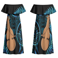 Kotiate New Zealand Family Matching Off Shoulder Maxi Dress and Hawaiian Shirt Maori Weapon Paua Shell Haka Fern LT14 Mom's Dress Turquoise - Polynesian Pride
