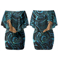 Kotiate New Zealand Family Matching Off Shoulder Short Dress and Hawaiian Shirt Maori Weapon Paua Shell Haka Fern LT14 Mom's Dress Turquoise - Polynesian Pride