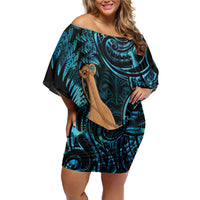 Kotiate New Zealand Family Matching Off Shoulder Short Dress and Hawaiian Shirt Maori Weapon Paua Shell Haka Fern