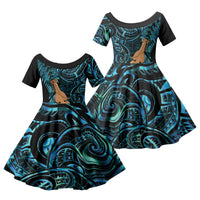 Kotiate New Zealand Family Matching Puletasi and Hawaiian Shirt Maori Weapon Paua Shell Haka Fern LT14 Daughter's Dress Turquoise - Polynesian Pride