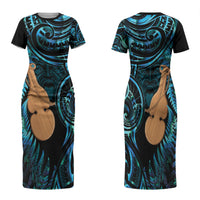 Kotiate New Zealand Family Matching Short Sleeve Bodycon Dress and Hawaiian Shirt Maori Weapon Paua Shell Haka Fern LT14 Mom's Dress Turquoise - Polynesian Pride