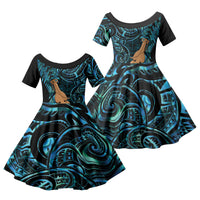 Kotiate New Zealand Family Matching Short Sleeve Bodycon Dress and Hawaiian Shirt Maori Weapon Paua Shell Haka Fern LT14 Daughter's Dress Turquoise - Polynesian Pride