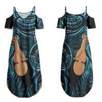 Kotiate New Zealand Family Matching Summer Maxi Dress and Hawaiian Shirt Maori Weapon Paua Shell Haka Fern LT14 Mom's Dress Turquoise - Polynesian Pride