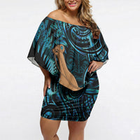 Kotiate New Zealand Off Shoulder Short Dress Maori Weapon Paua Shell Haka Fern LT14 Women Turquoise - Polynesian Pride