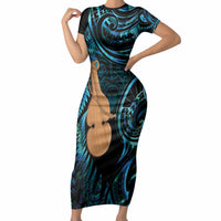 Kotiate New Zealand Short Sleeve Bodycon Dress Maori Weapon Paua Shell Haka Fern LT14 Long Dress Turquoise - Polynesian Pride