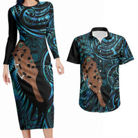 Maripi New Zealand Couples Matching Long Sleeve Bodycon Dress and Hawaiian Shirt Maori Weapon Paua Shell Haka Fern LT14 Turquoise - Polynesian Pride