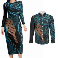 Maripi New Zealand Couples Matching Long Sleeve Bodycon Dress and Long Sleeve Button Shirt Maori Weapon Paua Shell Haka Fern LT14 Turquoise - Polynesian Pride