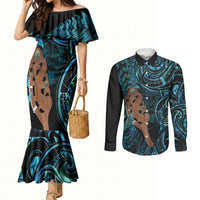 Maripi New Zealand Couples Matching Mermaid Dress and Long Sleeve Button Shirt Maori Weapon Paua Shell Haka Fern LT14 Turquoise - Polynesian Pride