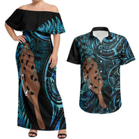 Maripi New Zealand Couples Matching Off Shoulder Maxi Dress and Hawaiian Shirt Maori Weapon Paua Shell Haka Fern LT14 Turquoise - Polynesian Pride