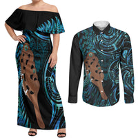 Maripi New Zealand Couples Matching Off Shoulder Maxi Dress and Long Sleeve Button Shirt Maori Weapon Paua Shell Haka Fern LT14 Turquoise - Polynesian Pride