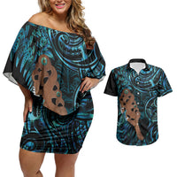 Maripi New Zealand Couples Matching Off Shoulder Short Dress and Hawaiian Shirt Maori Weapon Paua Shell Haka Fern LT14 Turquoise - Polynesian Pride