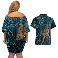 Maripi New Zealand Couples Matching Off Shoulder Short Dress and Hawaiian Shirt Maori Weapon Paua Shell Haka Fern
