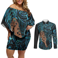 Maripi New Zealand Couples Matching Off Shoulder Short Dress and Long Sleeve Button Shirt Maori Weapon Paua Shell Haka Fern LT14 Turquoise - Polynesian Pride