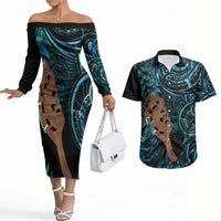 Maripi New Zealand Couples Matching Off The Shoulder Long Sleeve Dress and Hawaiian Shirt Maori Weapon Paua Shell Haka Fern LT14 Turquoise - Polynesian Pride