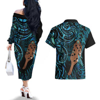 Maripi New Zealand Couples Matching Off The Shoulder Long Sleeve Dress and Hawaiian Shirt Maori Weapon Paua Shell Haka Fern