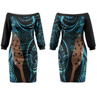 Maripi New Zealand Couples Matching Off The Shoulder Long Sleeve Dress and Hawaiian Shirt Maori Weapon Paua Shell Haka Fern LT14 - Polynesian Pride
