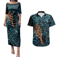 Maripi New Zealand Couples Matching Puletasi and Hawaiian Shirt Maori Weapon Paua Shell Haka Fern LT14 Turquoise - Polynesian Pride