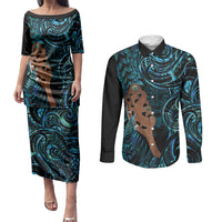 Maripi New Zealand Couples Matching Puletasi and Long Sleeve Button Shirt Maori Weapon Paua Shell Haka Fern LT14 Turquoise - Polynesian Pride