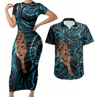 Maripi New Zealand Couples Matching Short Sleeve Bodycon Dress and Hawaiian Shirt Maori Weapon Paua Shell Haka Fern LT14 Turquoise - Polynesian Pride