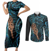 Maripi New Zealand Couples Matching Short Sleeve Bodycon Dress and Long Sleeve Button Shirt Maori Weapon Paua Shell Haka Fern LT14 Turquoise - Polynesian Pride