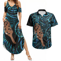 Maripi New Zealand Couples Matching Summer Maxi Dress and Hawaiian Shirt Maori Weapon Paua Shell Haka Fern LT14 Turquoise - Polynesian Pride