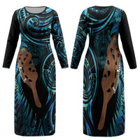 Maripi New Zealand Family Matching Long Sleeve Bodycon Dress and Hawaiian Shirt Maori Weapon Paua Shell Haka Fern LT14 Mom's Dress Turquoise - Polynesian Pride