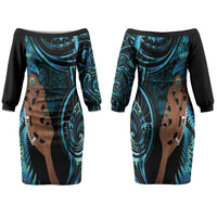 Maripi New Zealand Family Matching Off The Shoulder Long Sleeve Dress and Hawaiian Shirt Maori Weapon Paua Shell Haka Fern LT14 Mom's Dress Turquoise - Polynesian Pride