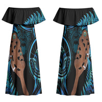 Maripi New Zealand Family Matching Off Shoulder Maxi Dress and Hawaiian Shirt Maori Weapon Paua Shell Haka Fern LT14 Mom's Dress Turquoise - Polynesian Pride