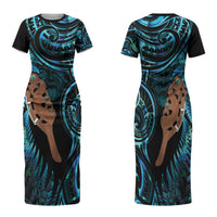 Maripi New Zealand Family Matching Short Sleeve Bodycon Dress and Hawaiian Shirt Maori Weapon Paua Shell Haka Fern LT14 Mom's Dress Turquoise - Polynesian Pride