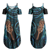Maripi New Zealand Family Matching Summer Maxi Dress and Hawaiian Shirt Maori Weapon Paua Shell Haka Fern LT14 Mom's Dress Turquoise - Polynesian Pride