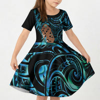 Maripi New Zealand Kid Short Sleeve Dress Maori Weapon Paua Shell Haka Fern LT14 KID Turquoise - Polynesian Pride