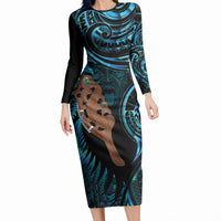 Maripi New Zealand Long Sleeve Bodycon Dress Maori Weapon Paua Shell Haka Fern LT14 Long Dress Turquoise - Polynesian Pride