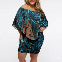 Maripi New Zealand Off Shoulder Short Dress Maori Weapon Paua Shell Haka Fern LT14 Women Turquoise - Polynesian Pride