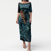 Maripi New Zealand Puletasi Maori Weapon Paua Shell Haka Fern LT14 Long Dress Turquoise - Polynesian Pride