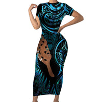 Maripi New Zealand Short Sleeve Bodycon Dress Maori Weapon Paua Shell Haka Fern