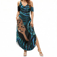 Maripi New Zealand Summer Maxi Dress Maori Weapon Paua Shell Haka Fern LT14 Women Turquoise - Polynesian Pride