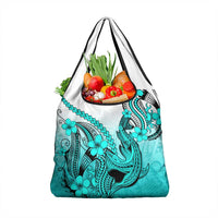 Turquoise Gradient Hawaii Grocery Bag Polynesian Shark Tattoo With Plumeria
