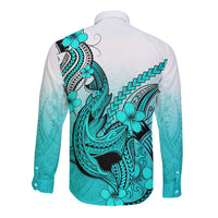 Hawaii Long Sleeve Button Shirt Polynesian Shark Tattoo With Plumeria Turquoise Gradient LT14 - Polynesian Pride