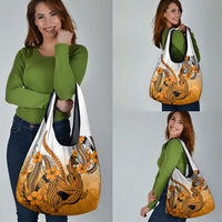 Orange Gradient Hawaii Grocery Bag Polynesian Shark Tattoo With Plumeria