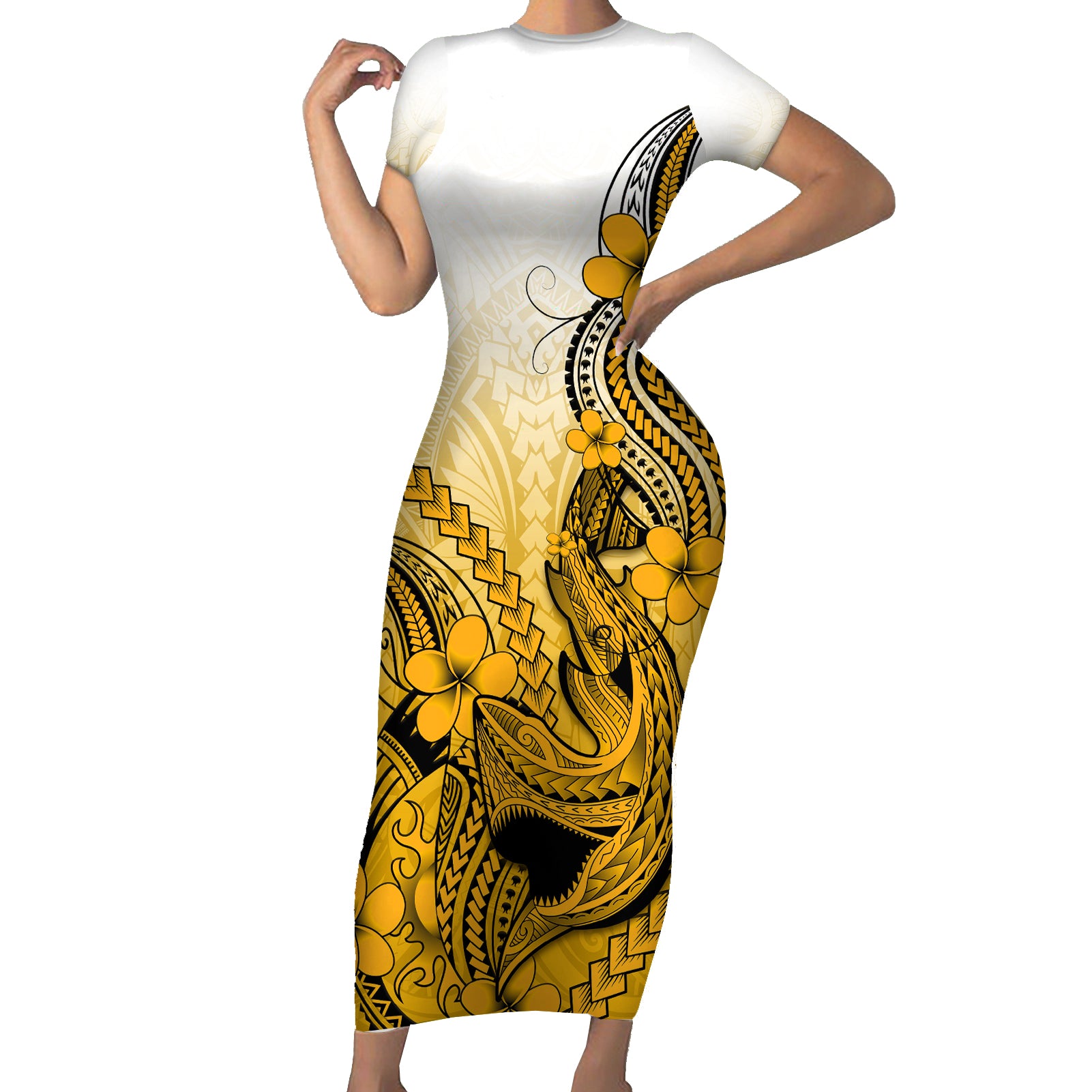 Hawaii Short Sleeve Bodycon Dress Polynesian Shark Tattoo With Plumeria Gold Gradient LT14 Long Dress Gold - Polynesian Pride