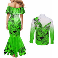 Hawaii Couples Matching Mermaid Dress and Long Sleeve Button Shirts Polynesian Shark Tattoo With Plumeria Green Gradient LT14 - Polynesian Pride