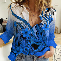 Hawaii Women Casual Shirt Polynesian Shark Tattoo With Plumeria Blue Gradient LT14 Female Blue - Polynesian Pride