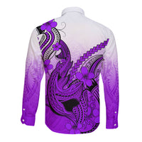 Hawaii Long Sleeve Button Shirt Polynesian Shark Tattoo With Plumeria Purple Gradient LT14 - Polynesian Pride