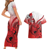 Hawaii Couples Matching Short Sleeve Bodycon Dress and Hawaiian Shirt Polynesian Shark Tattoo With Plumeria Red Gradient LT14 - Polynesian Pride
