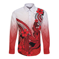 Hawaii Long Sleeve Button Shirt Polynesian Shark Tattoo With Plumeria Red Gradient LT14 Unisex Red - Polynesian Pride