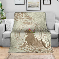 Personalised Hawaii Monk Seal Blanket Polynesian Tattoo With Tropical Flowers - Beige Pastel
