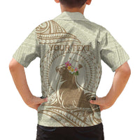 Personalised Hawaii Monk Seal Family Matching Off The Shoulder Long Sleeve Dress and Hawaiian Shirt Polynesian Tattoo With Tropical Flowers - Beige Pastel
