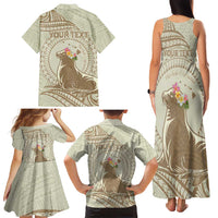Personalised Hawaii Monk Seal Family Matching Tank Maxi Dress and Hawaiian Shirt Polynesian Tattoo With Tropical Flowers - Beige Pastel
