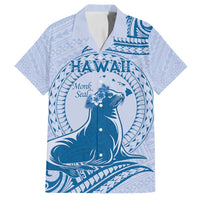 Personalised Hawaii Monk Seal Family Matching Summer Maxi Dress and Hawaiian Shirt Polynesian Tattoo With Tropical Flowers - Blue Pastel