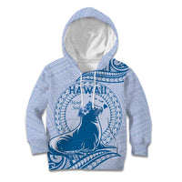 Personalised Hawaii Monk Seal Kid Hoodie Polynesian Tattoo With Tropical Flowers - Blue Pastel